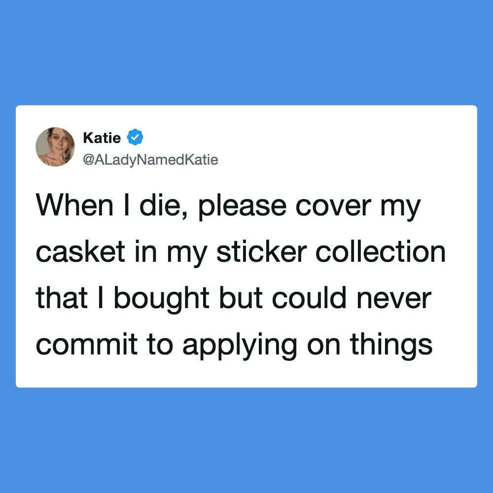 Humorous tweet about death and sticker collection from May 9, 2026.