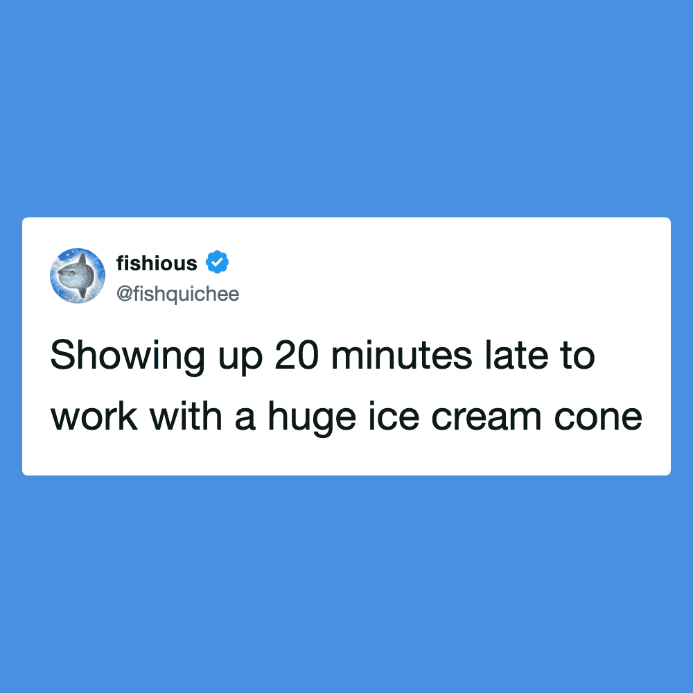 Person late to work holding a large ice cream cone, humorous workplace meme.