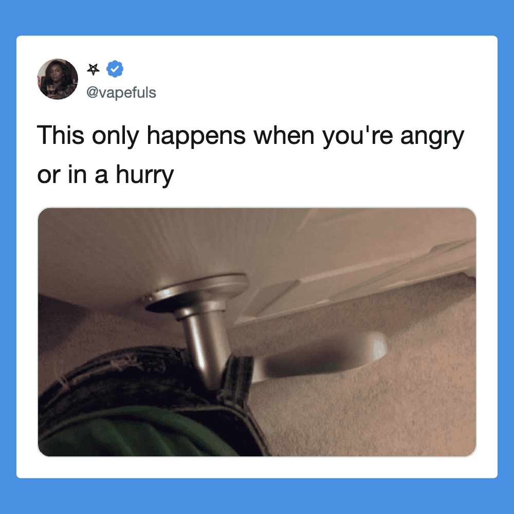 Close-up of a door handle with a humorous caption about anger and urgency.