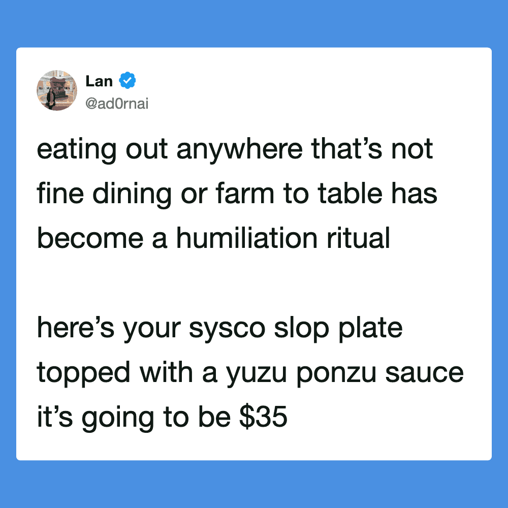 Humorous tweet image showing a sushi plate with Yuzu Ponzu sauce, priced at $35.