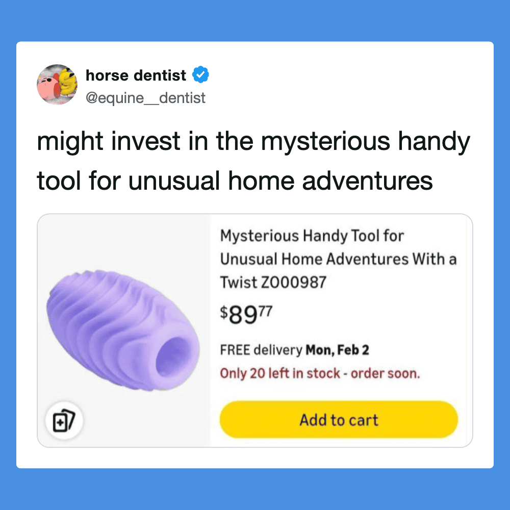 Humorous tweet about investing in a mysterious handy tool for home adventures.