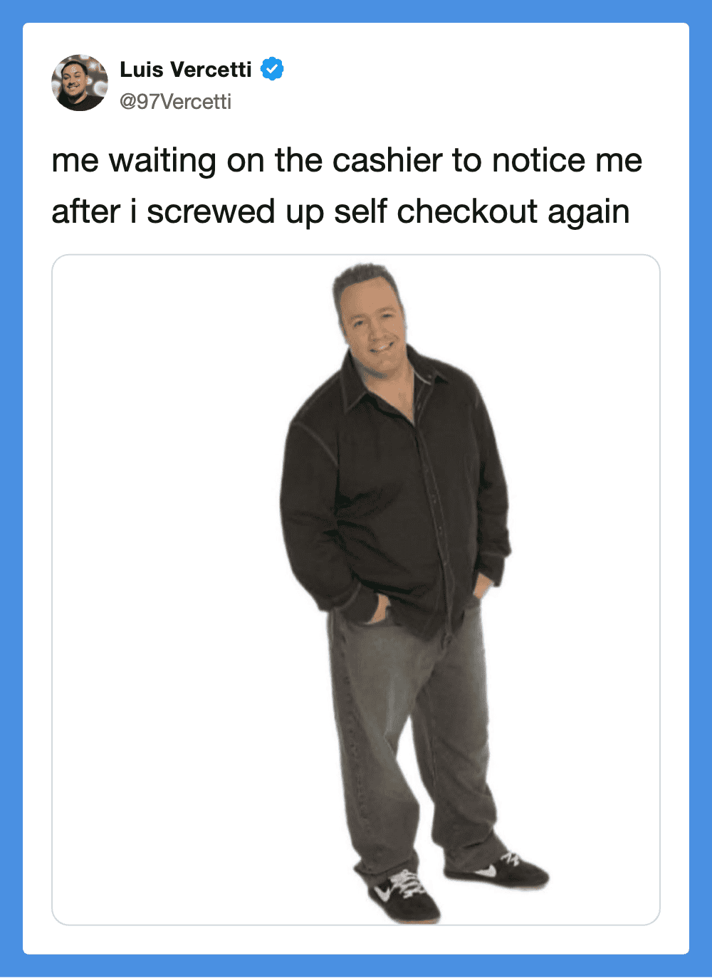 Man waiting for cashier after self-checkout mistake, humorous social media meme.
