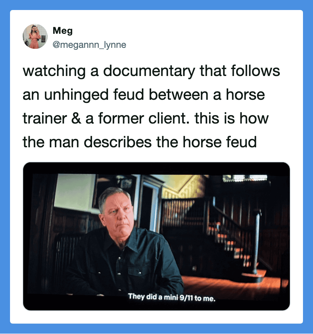 Horse feud documentary scene with a man in a dark shirt, sitting indoors, with a staircase in the ba.