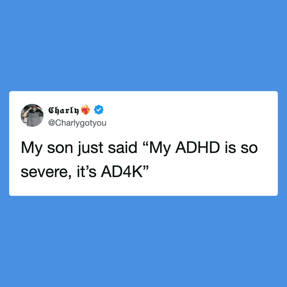 Humorous tweet about ADHD and humor, shared on Pleated Jeans website.