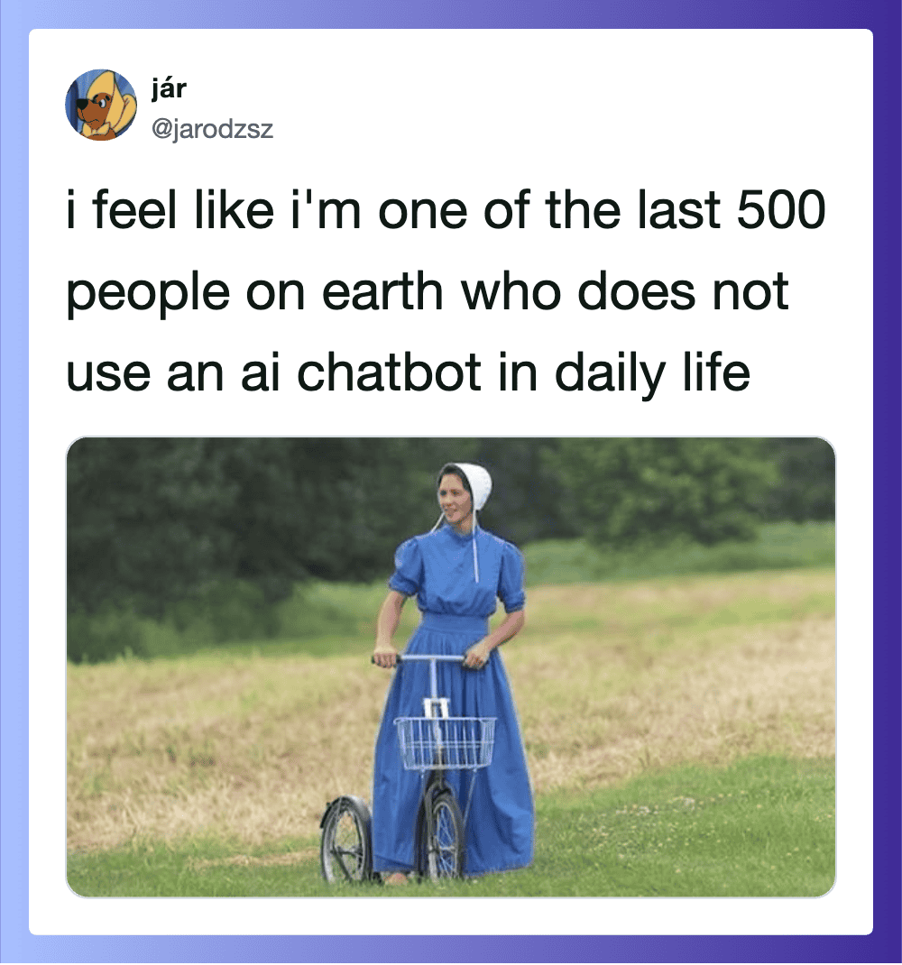 I feel like i'm one of the last 500 people on earth who does not use an ai chatbot in daily life.