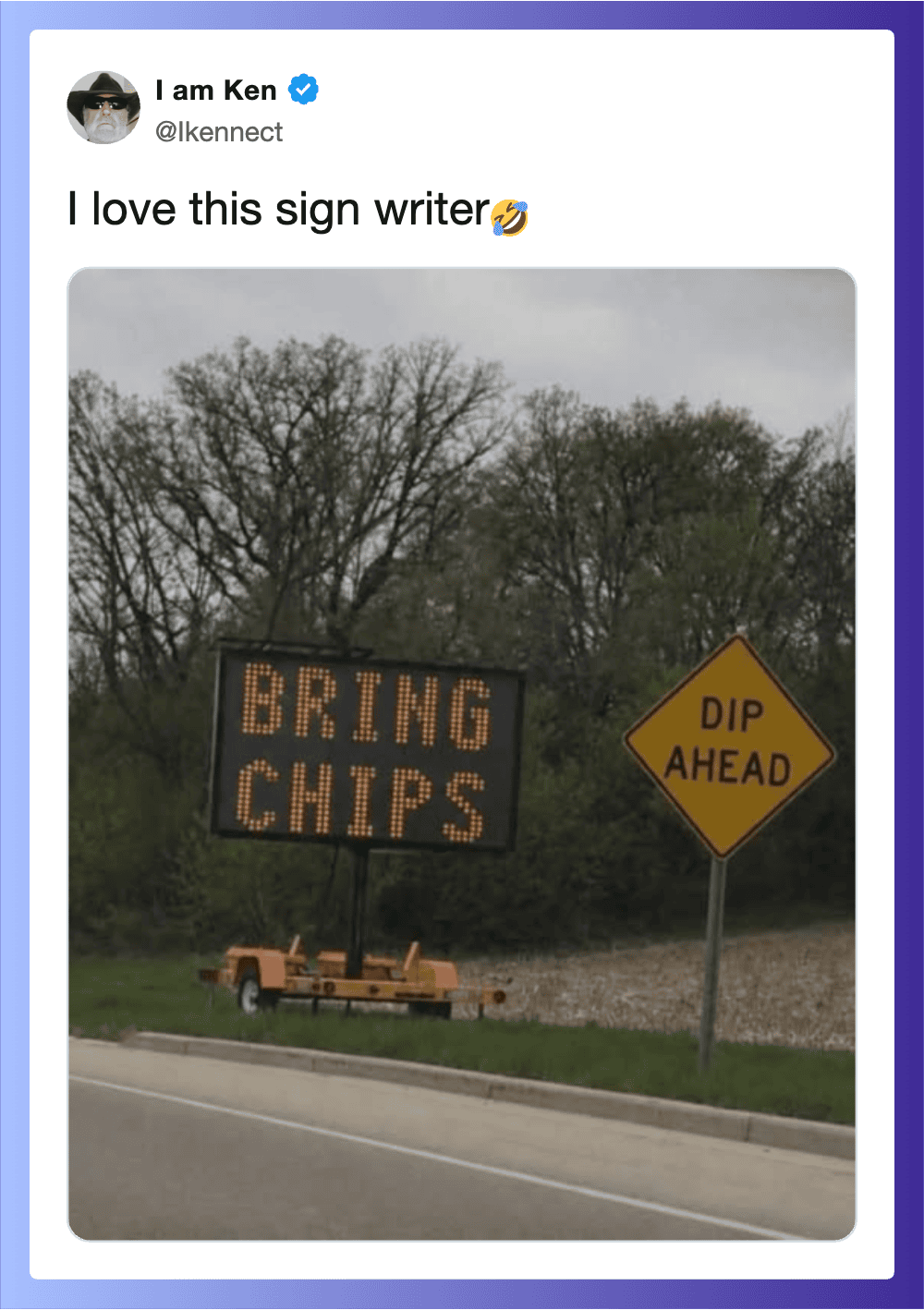 BRING CHIPS sign and DIP AHEAD warning sign on roadside.