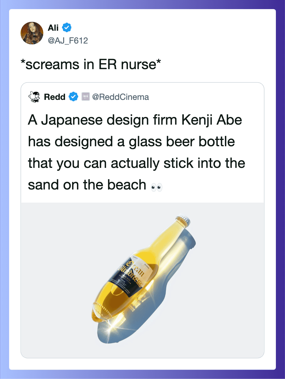 Glass beer bottle with a label, lying on the sand at the beach.
