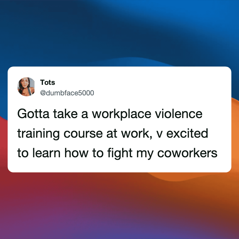 Workplace violence humor tweet from Pleated Jeans, highlighting workplace conflicts with a humorous.