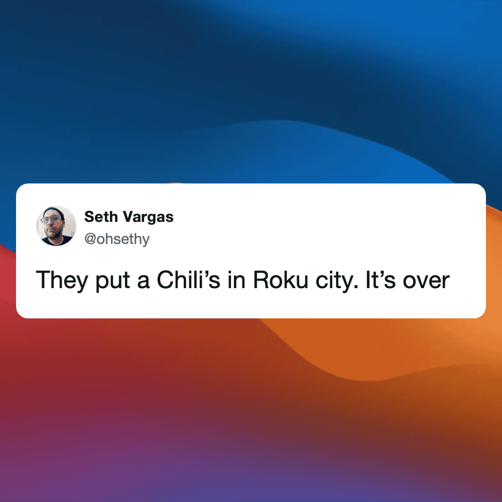 Humorous tweet about Chili's restaurant in Roku City from May 12, 2026.