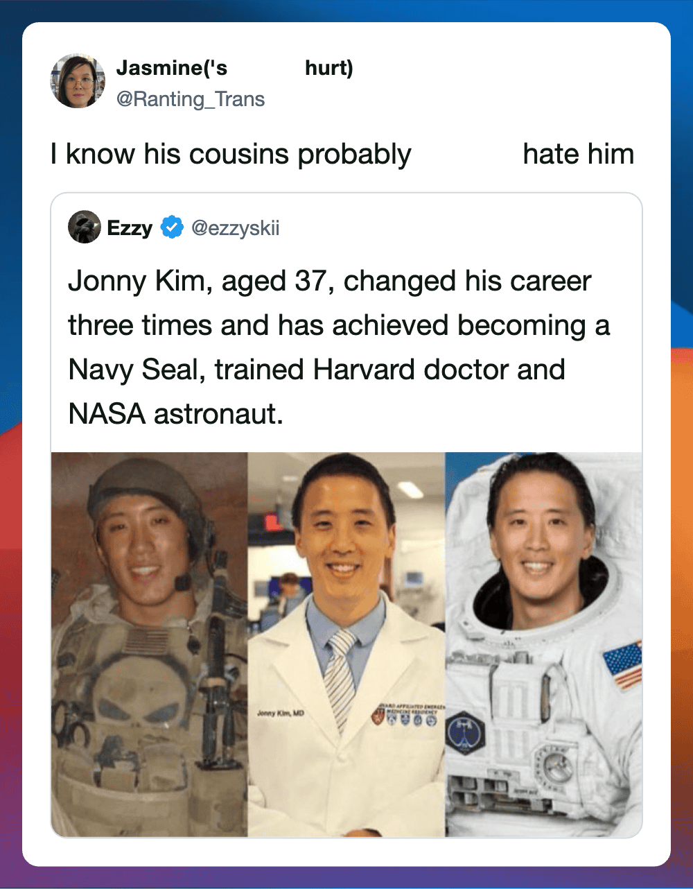 Jonny Kim, Navy Seal and NASA astronaut, in uniform and professional attire.