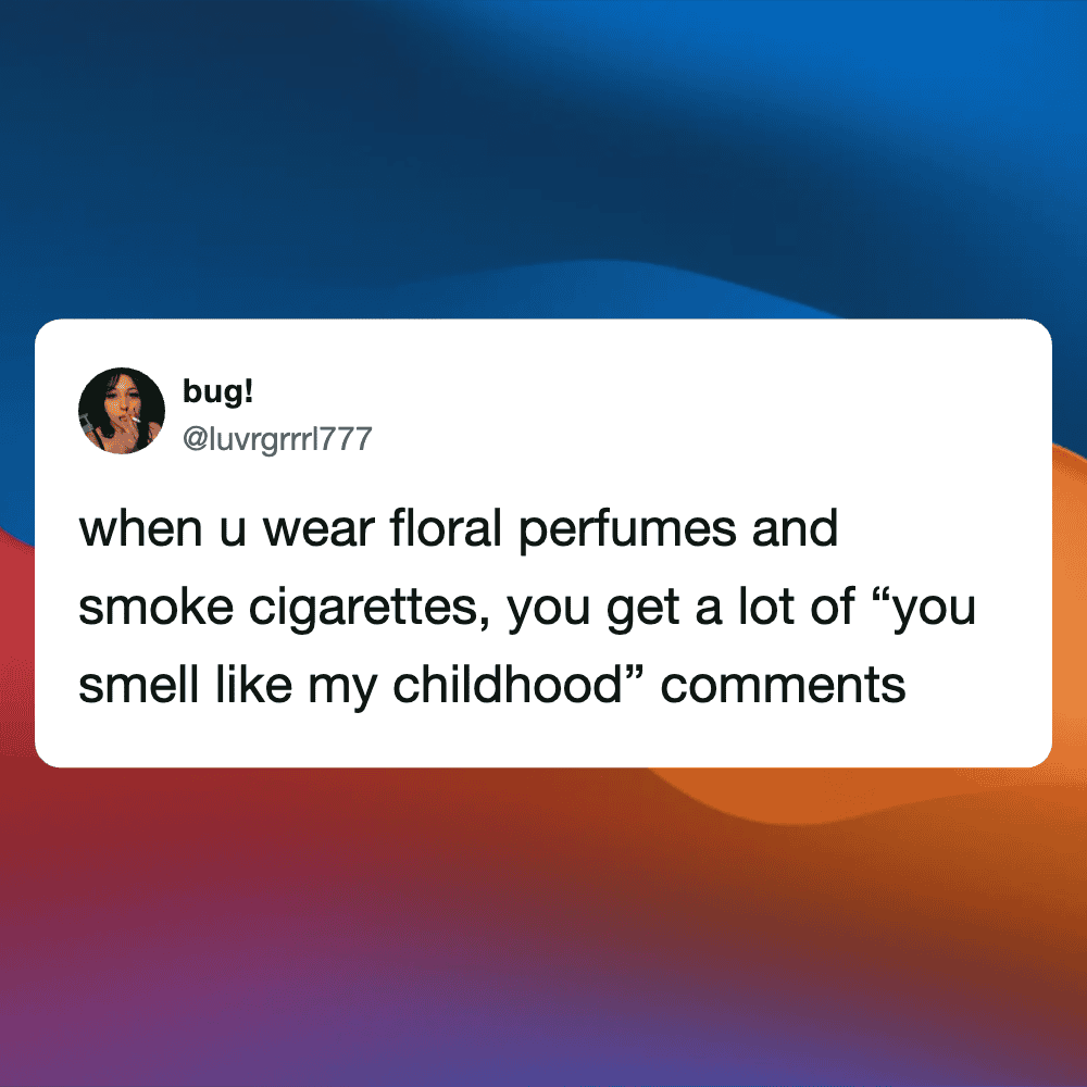 Humorous tweet about floral perfumes and cigarette smoke from Pleated Jeans.