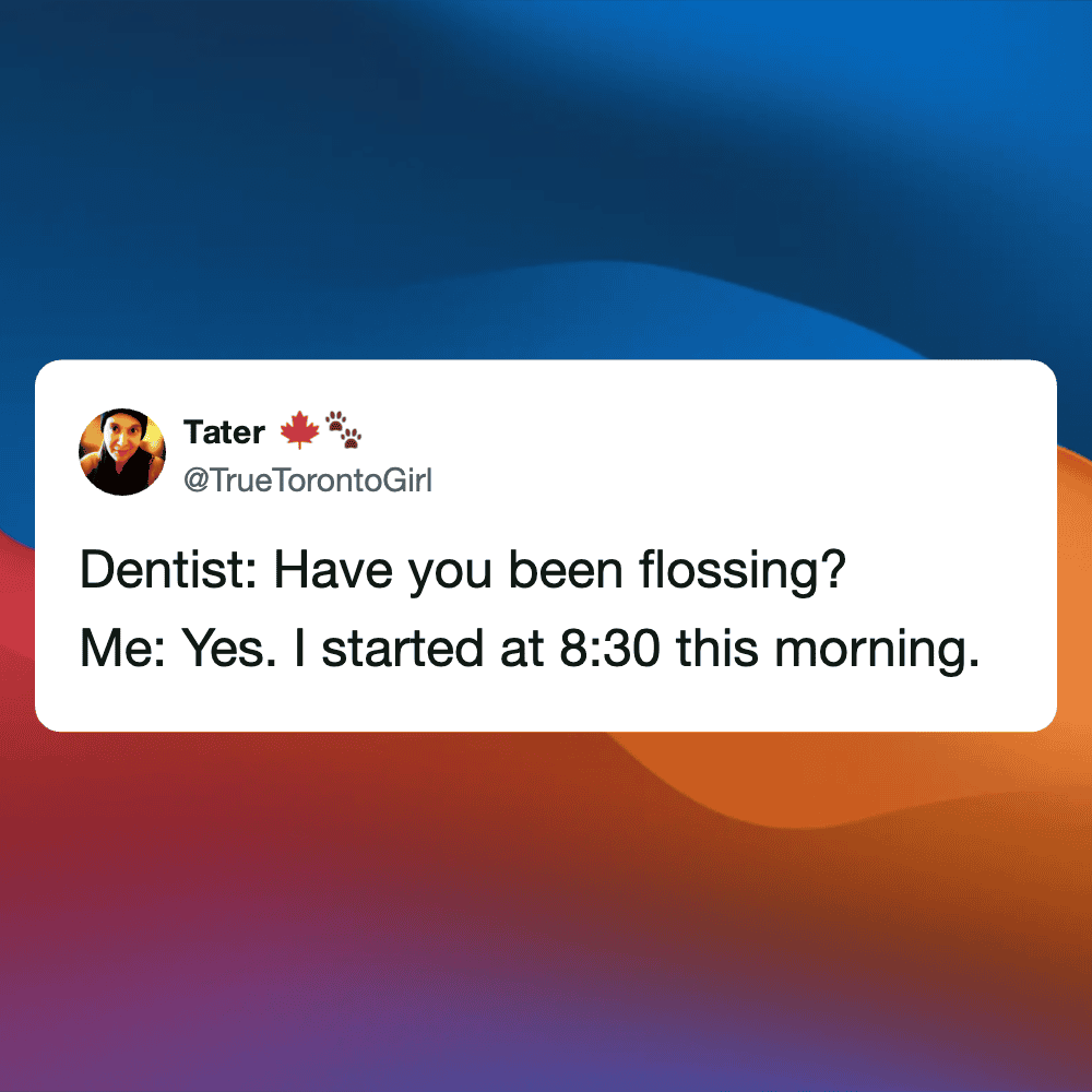 Humorous tweet about flossing from a user on Pleated Jeans website.