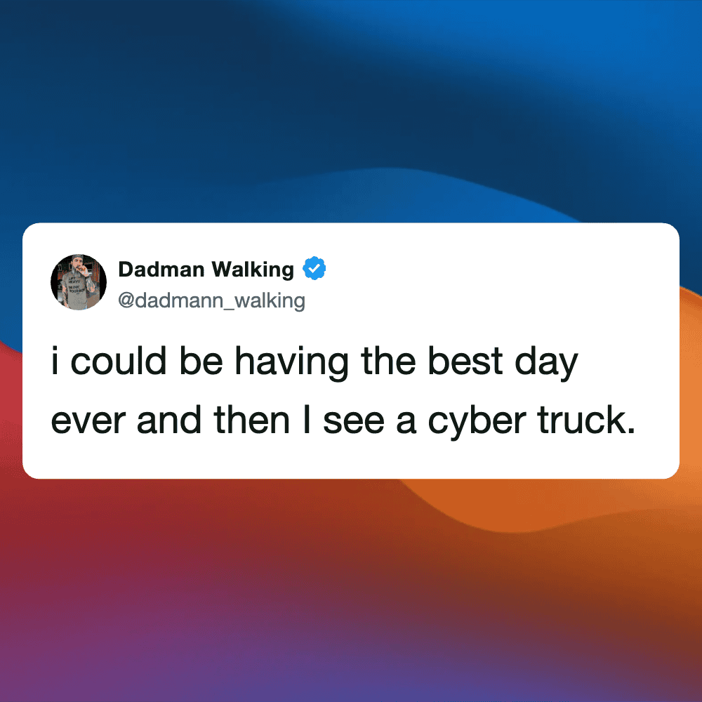 Humorous tweet about Cyber Truck from Pleated Jeans, perfect for comedy and tech fans.
