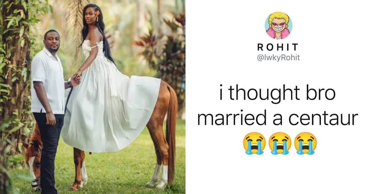 Couple with a woman riding a centaur in a wedding dress, outdoors in a lush forest environment.