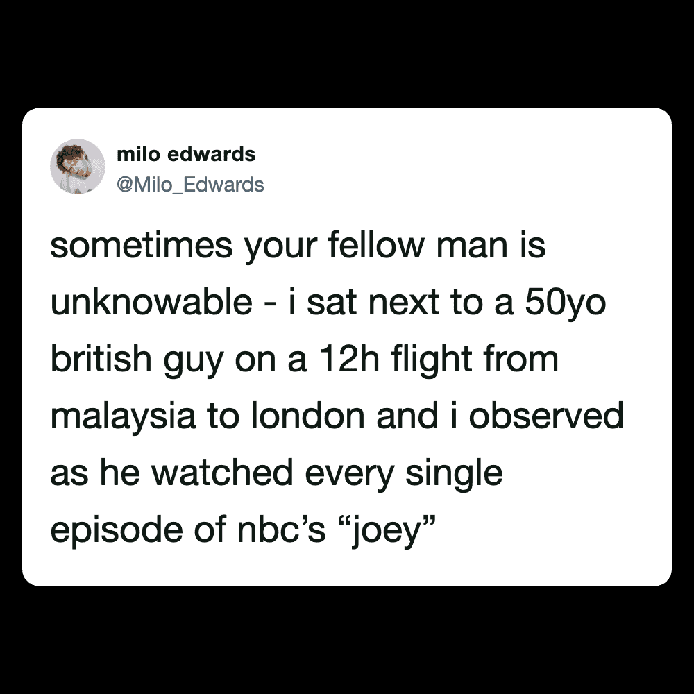 Humorous tweet about a British man on a flight observing TV shows.