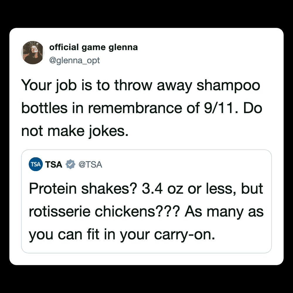 Humorous tweet about TSA protein shakes and 9/11 remembrances.