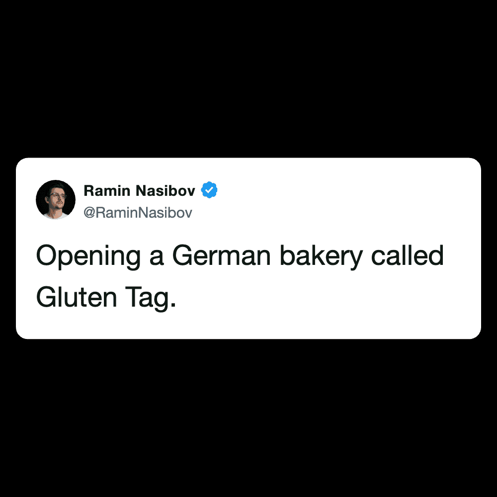Humorous tweet about opening a German bakery called Gluten Tag.