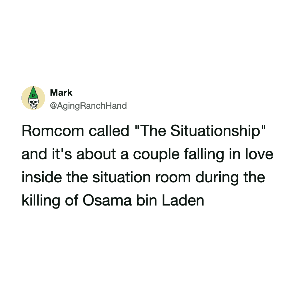 Funny meme image from Pleated Jeans about a couple falling in love during a tense situation.