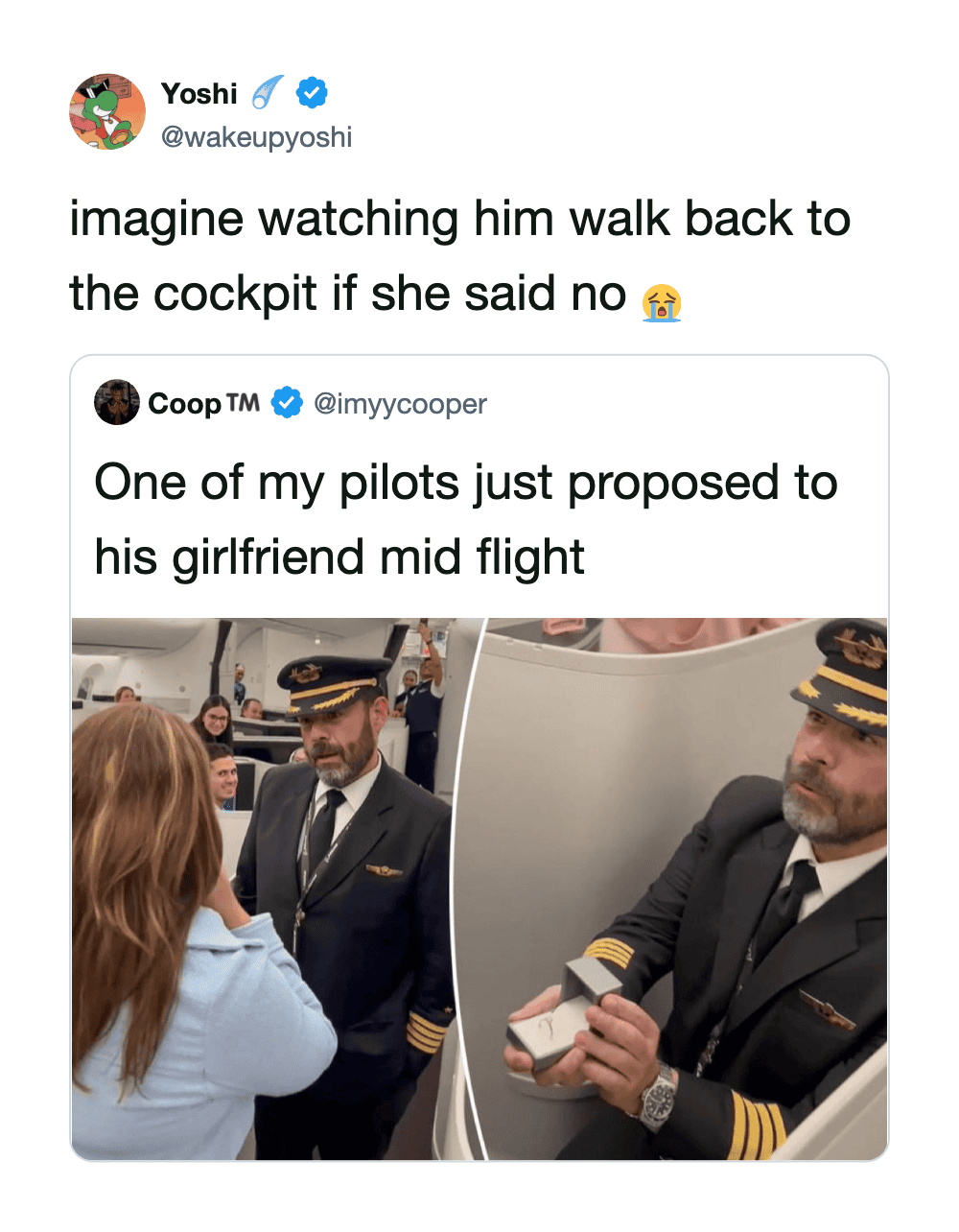 Pilot proposing to flight attendant during flight, capturing a special moment.