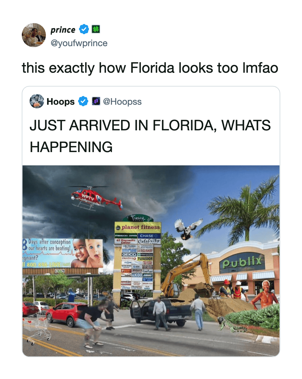Helicopter flying over busy Florida street with construction and shopping mall background.