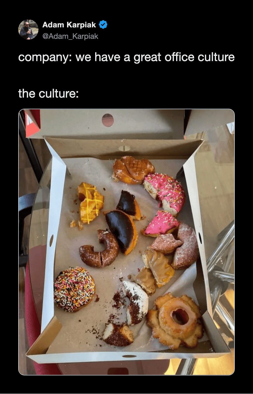 Assorted donuts in a box representing office snack culture.