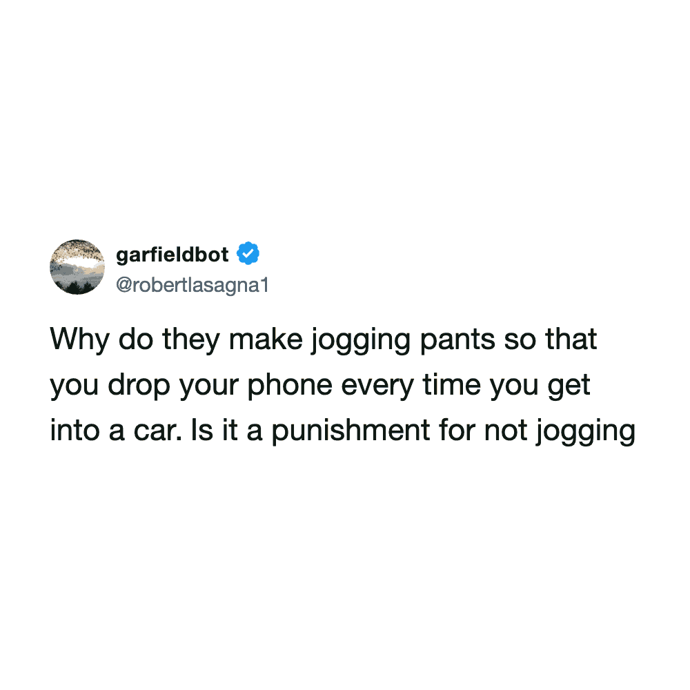 Humorous image of jogging pants with a phone dropping, highlighting everyday struggles.