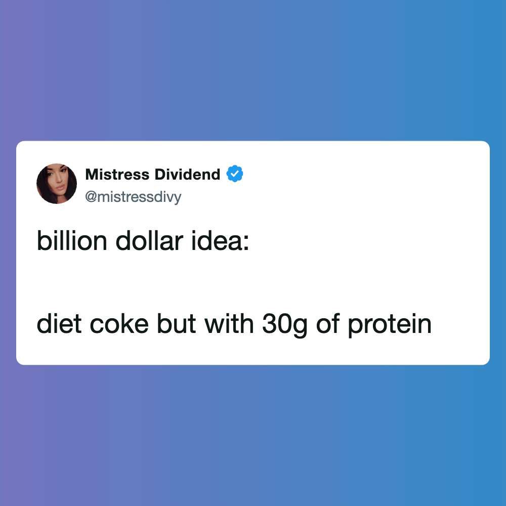 Funny meme image from Pleated Jeans featuring a humorous quote about diet coke and protein.
