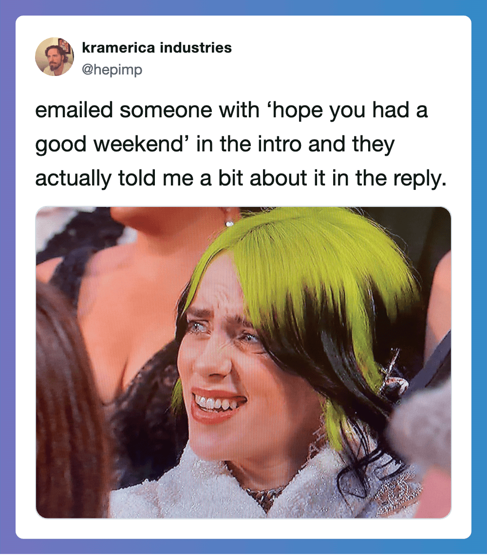 Woman with bright green and black hair reacting with confusion or surprise.