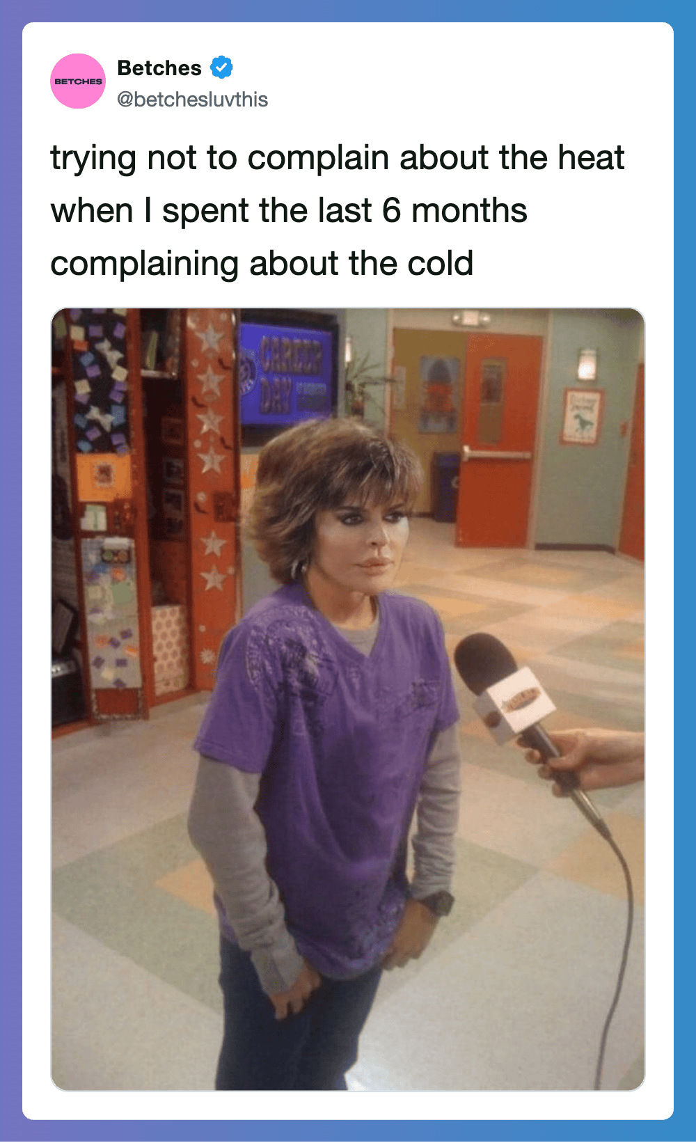 Woman in purple shirt being interviewed about cold weather complaints.