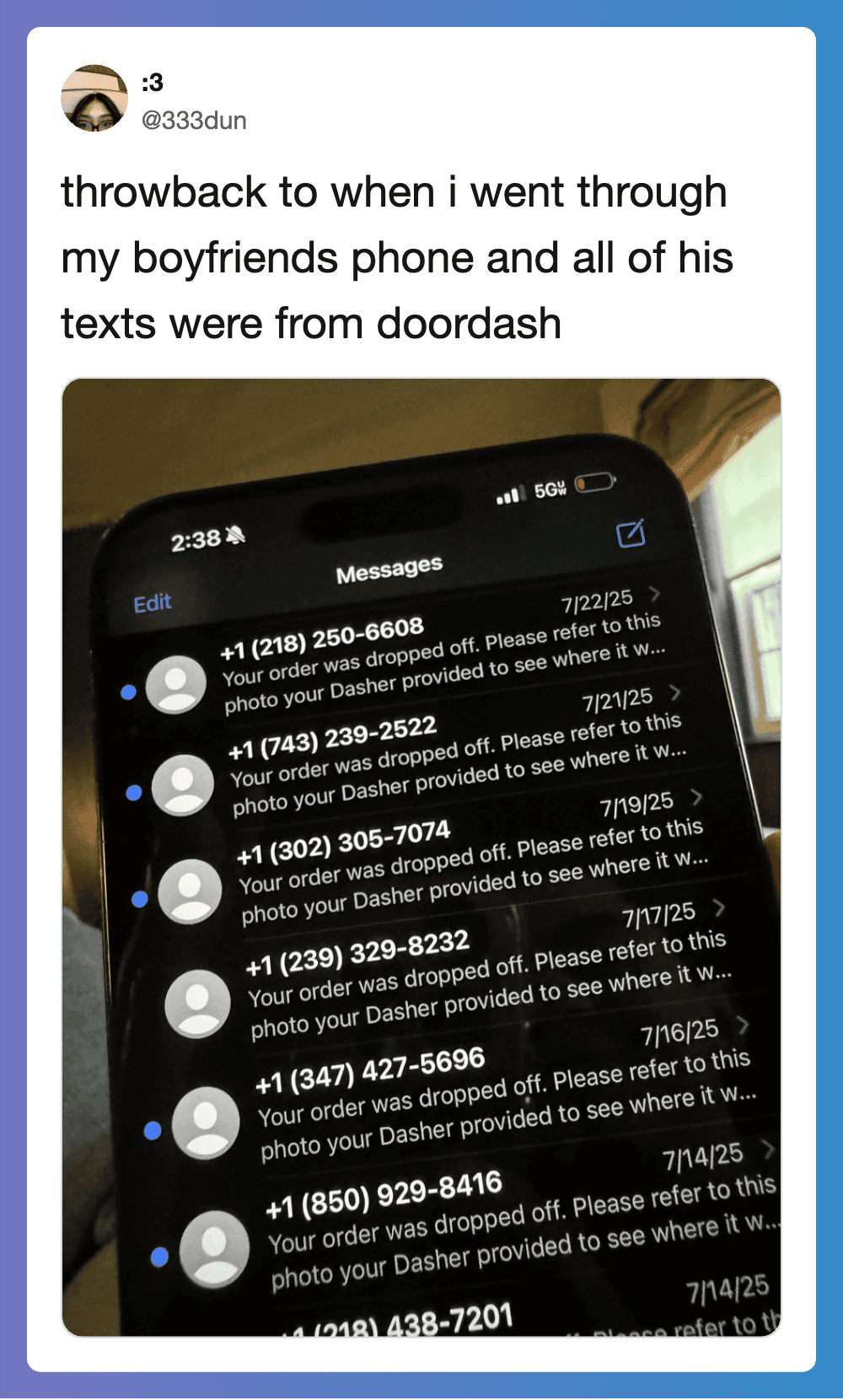Boyfriend's phone with multiple dropped messages from doordash orders.
