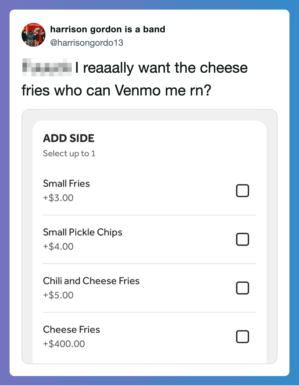 Funny meme about ordering cheese fries on Venmo.