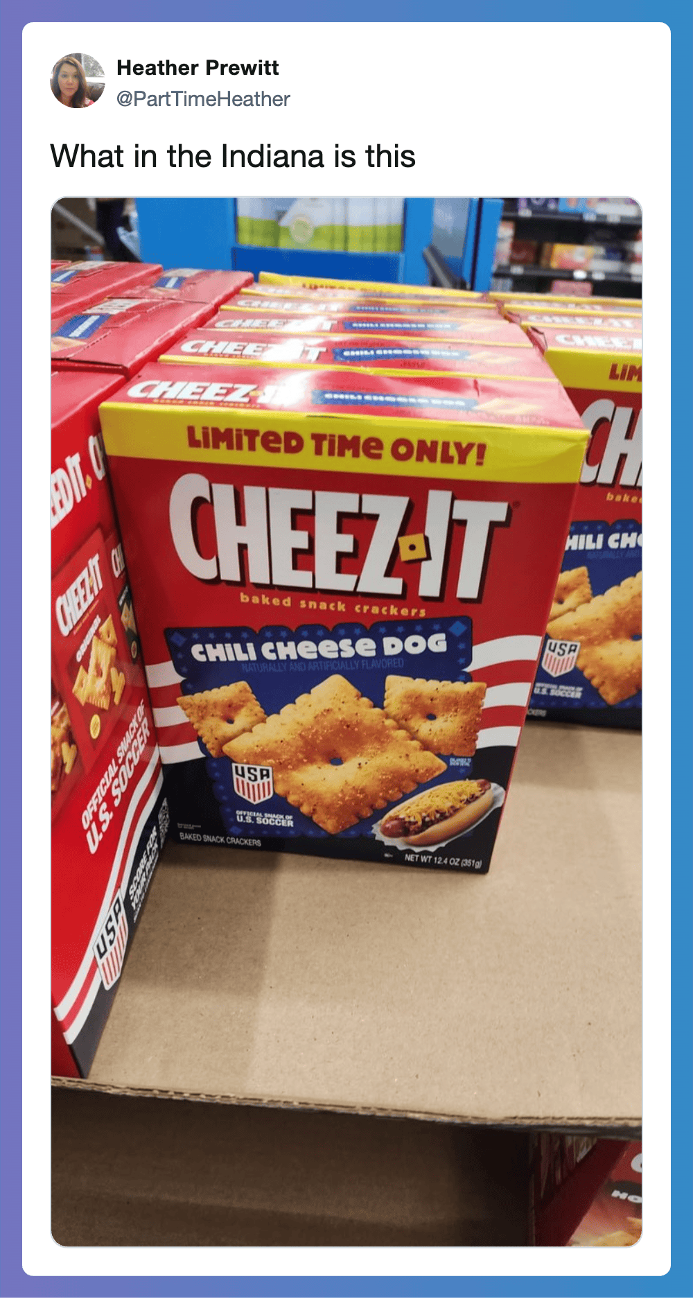 Cheez-It crispy snack crackers with chili cheese flavor on store shelf.