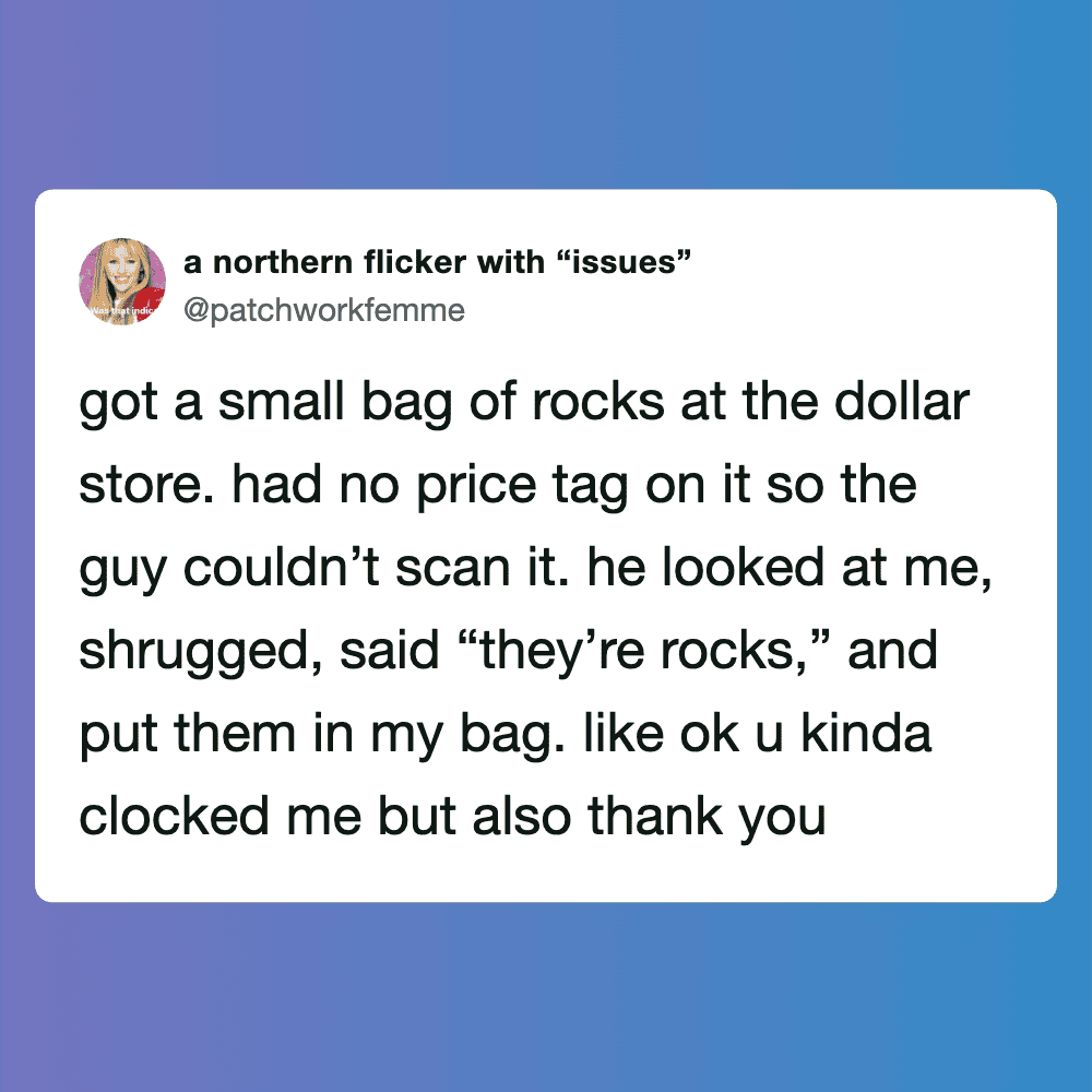 Small bag of rocks at dollar store with no price tag, being scanned by cashier.