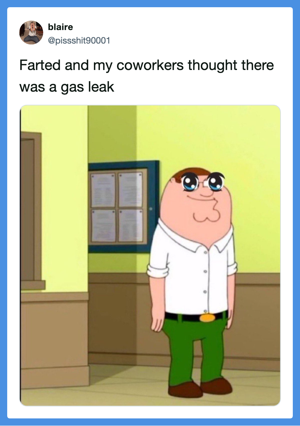 Farting man from Family Guy with coworkers thinking there was a gas leak.