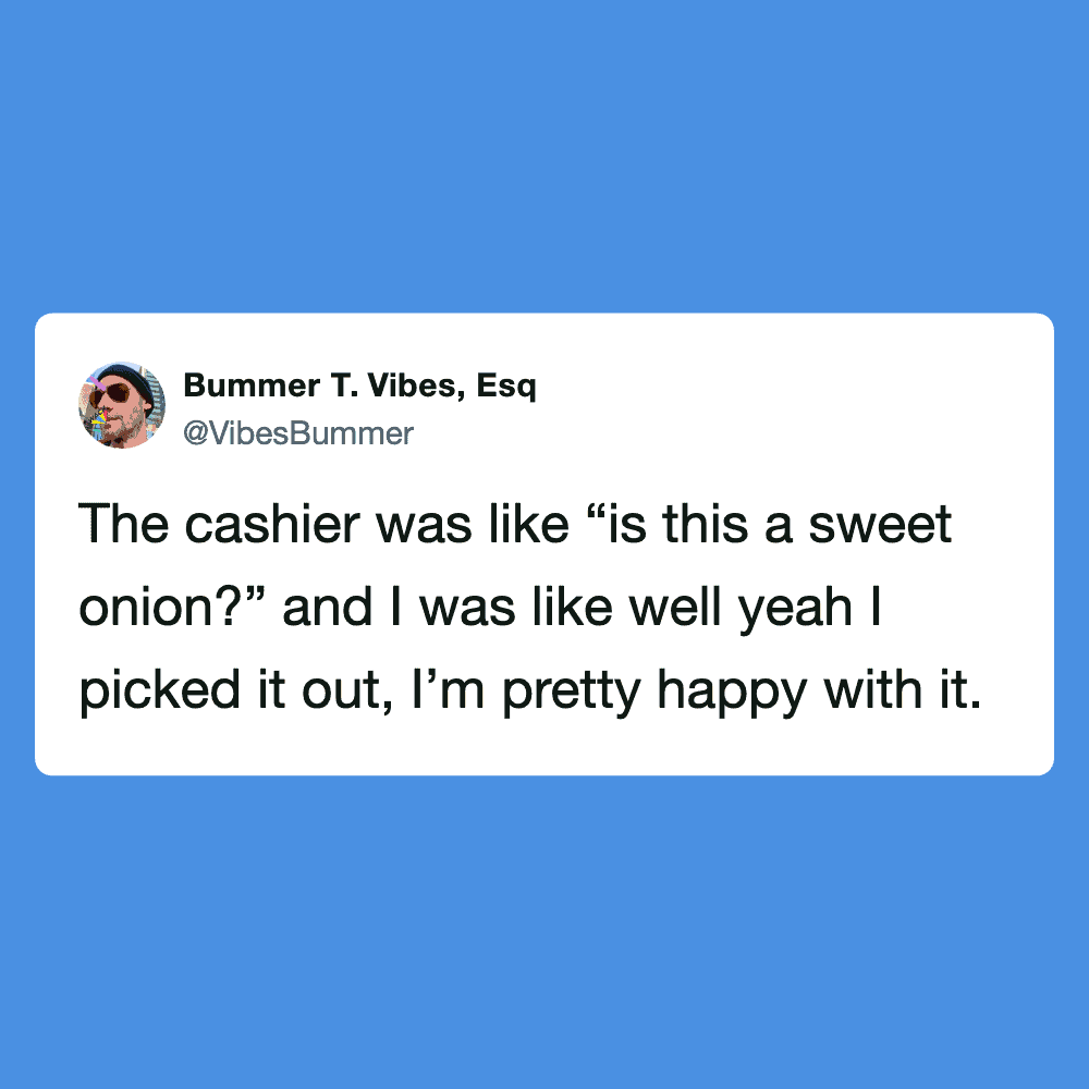 Humorous meme showing a cashier and customer discussing a sweet onion.