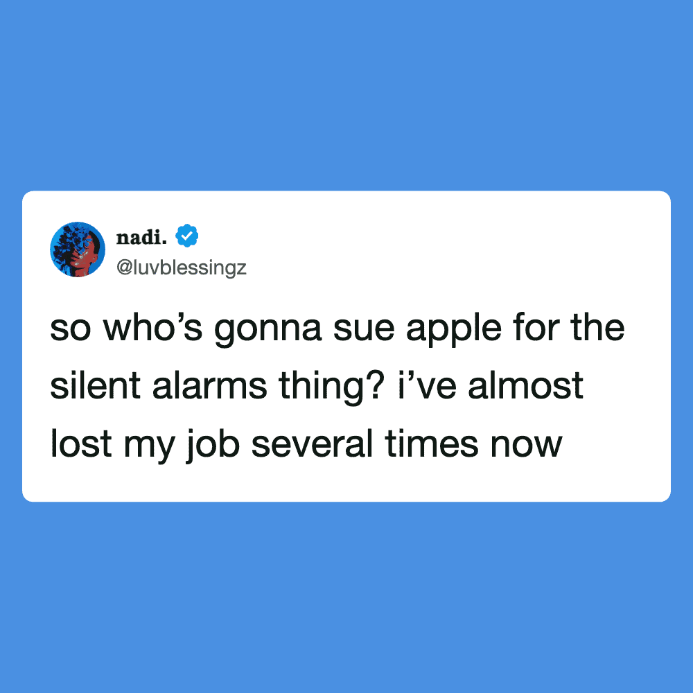 Funny meme image from Pleated Jeans featuring a humorous text about Apple and silent alarms.