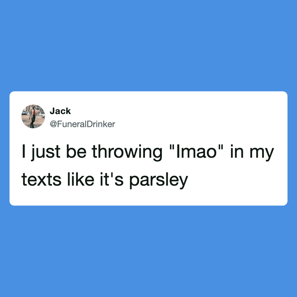 Humorous Twitter post featuring a joke about texting and the word "lmao" compared to parsley.