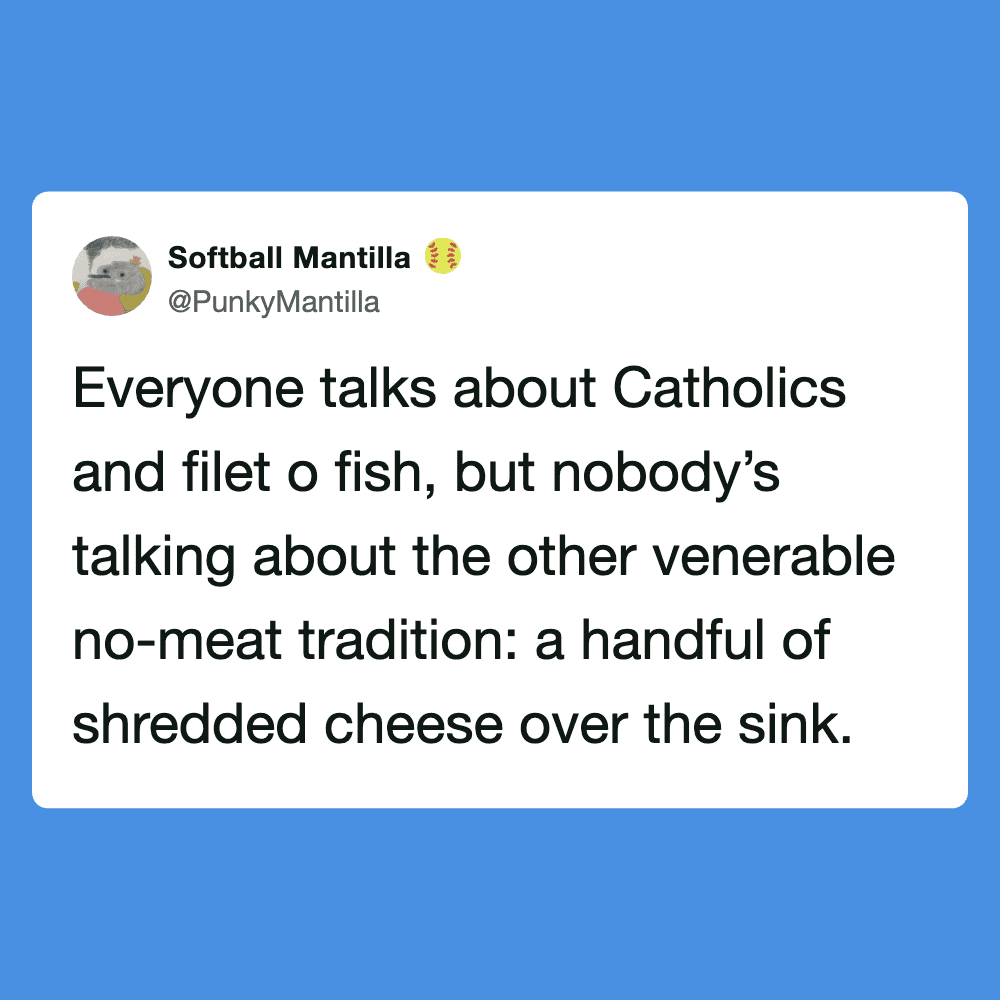 Humorous quote about Catholics and filet o fish with shredded cheese over the sink. Perfect for funn.