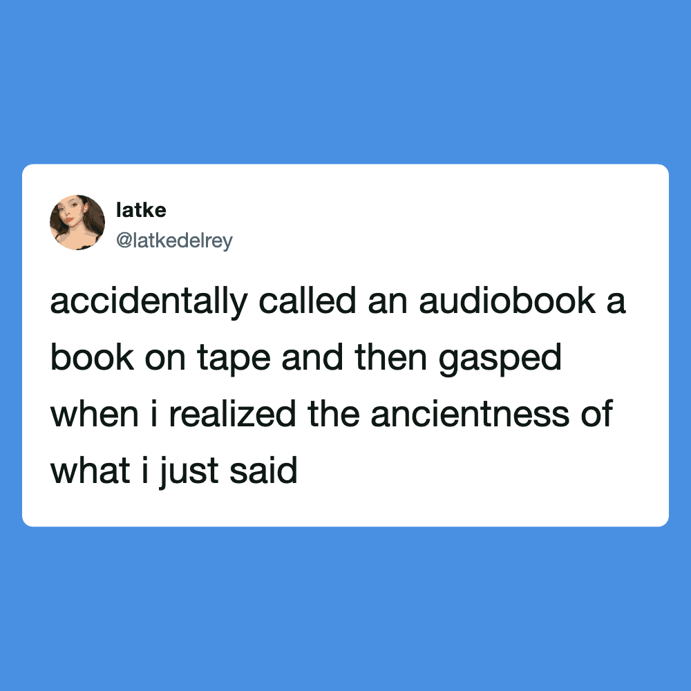 Humorous meme from Pleated Jeans featuring a funny quote about audiobooks and ancient speech.