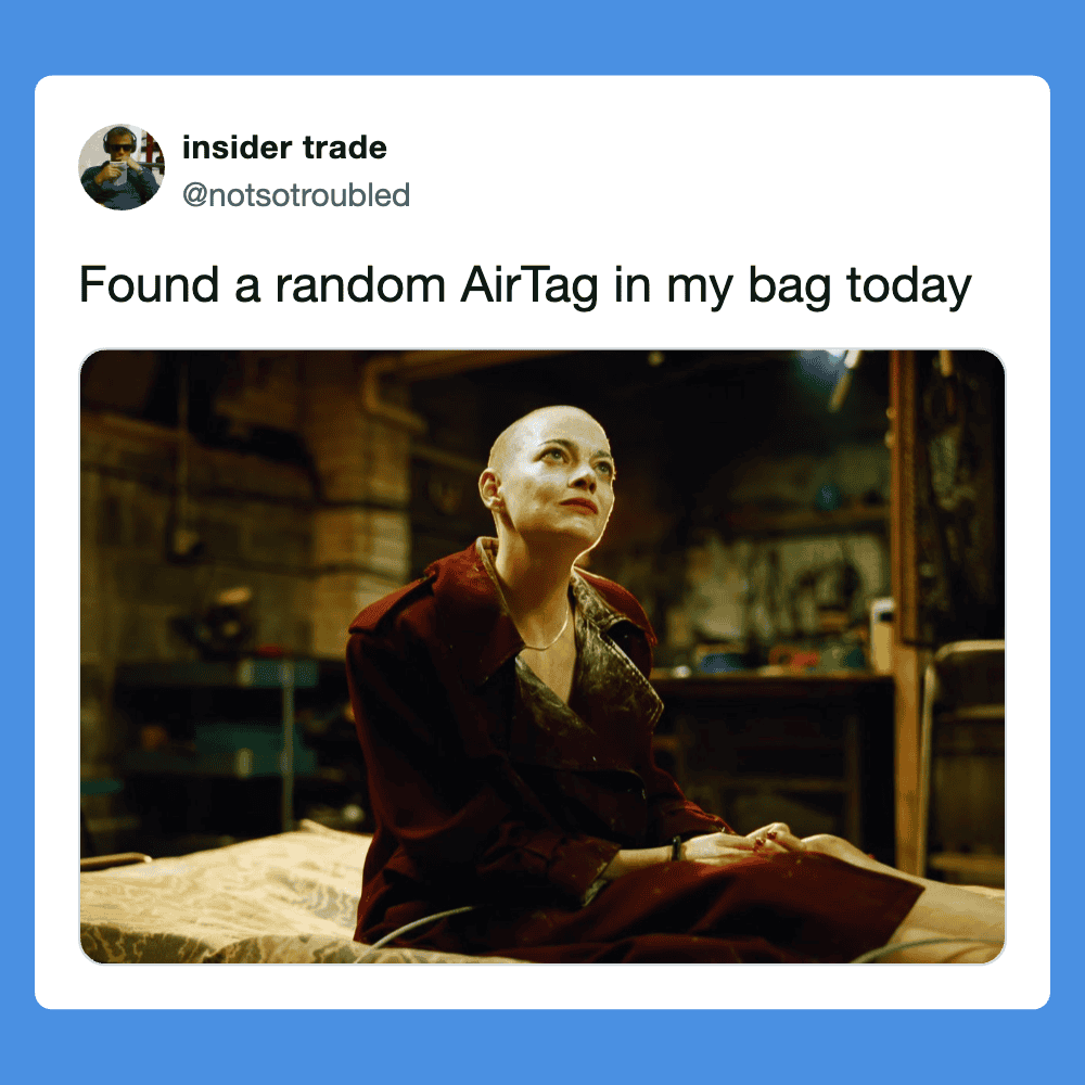 AirTag in a bag, humorous discovery, tech accessory, everyday item, funny moment.