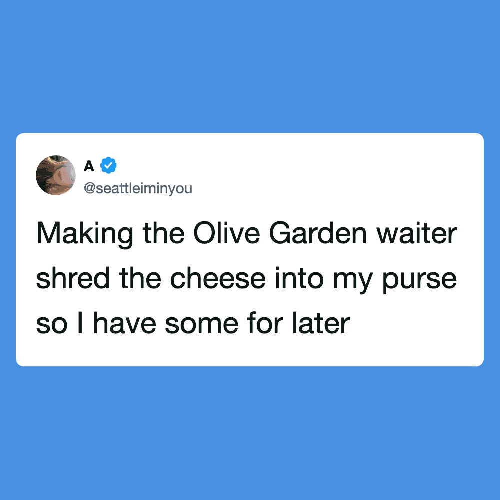Olive Garden waiter shredding cheese into a purse, humorous food service moment.