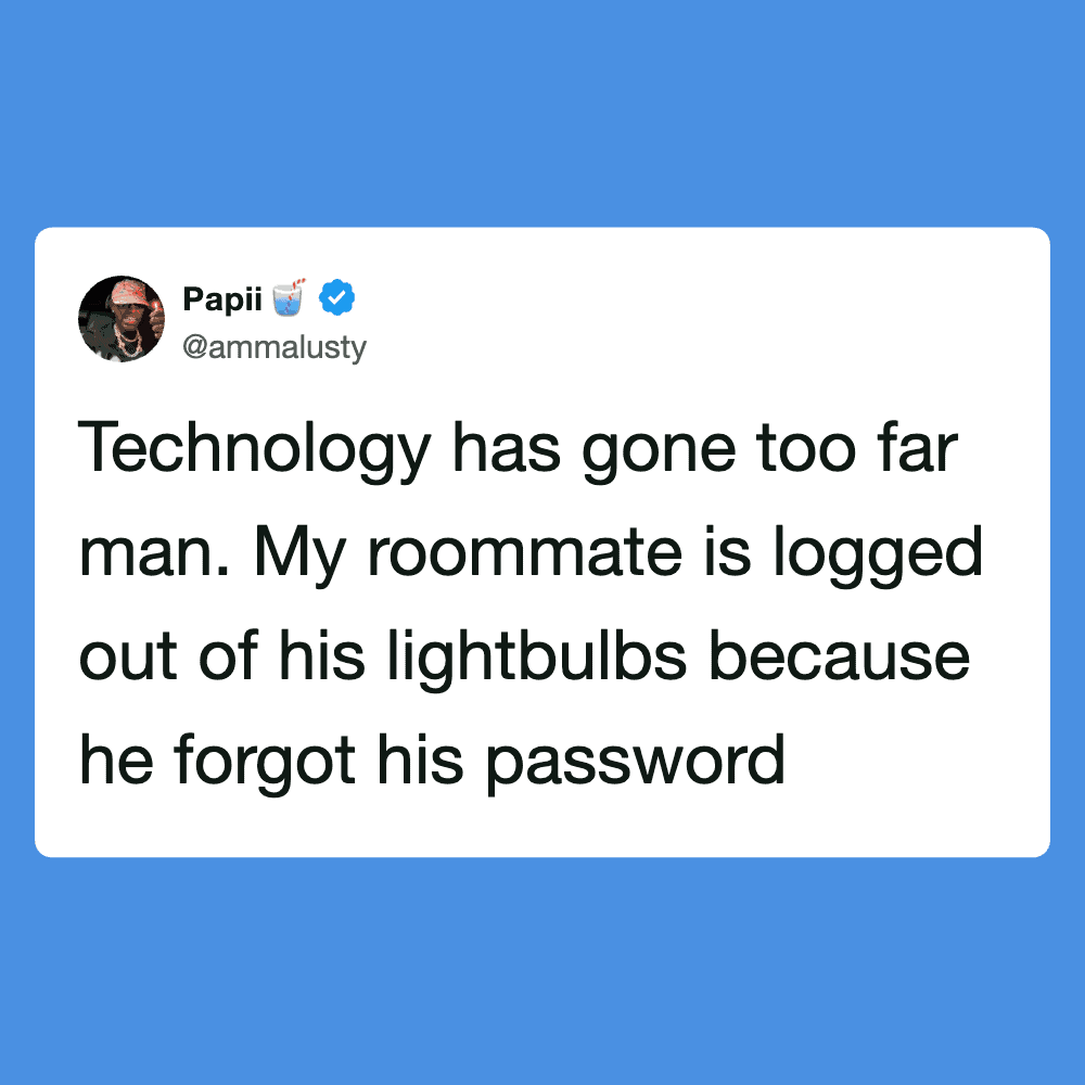 Humorous meme from Pleated Jeans featuring a tech-related joke about a roommate and lightbulbs.