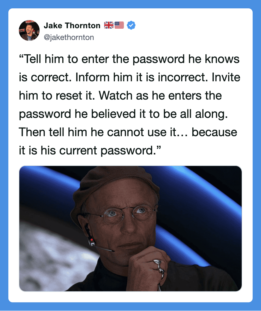 Humorous meme featuring a serious Star Wars character with a headset.