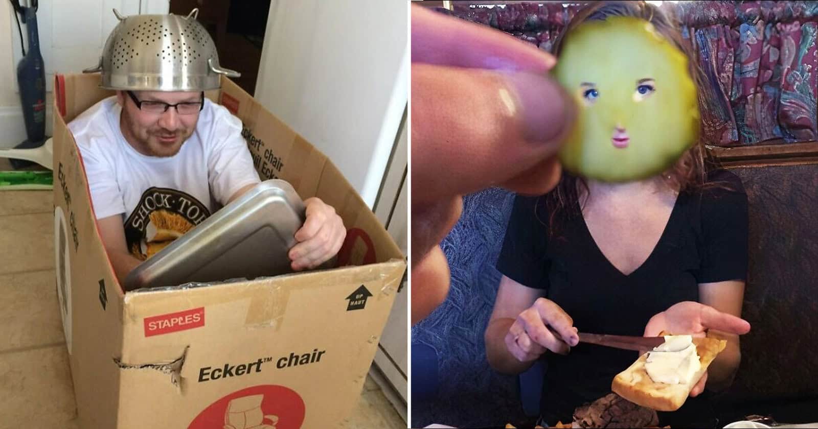 Men having fun with quirky objects, including a man in a cardboard box and a woman with a face-shape.