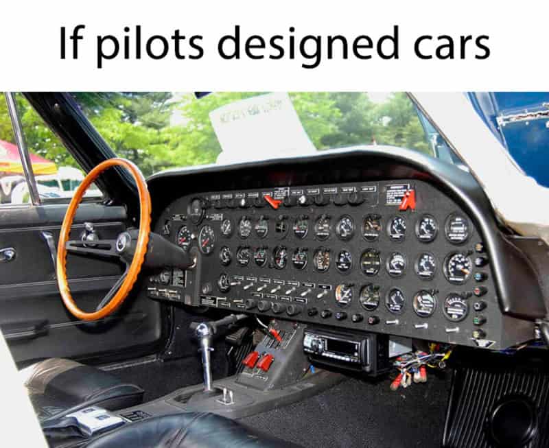 Funny aviation meme showing a pilot-designed car dashboard with humorous text.