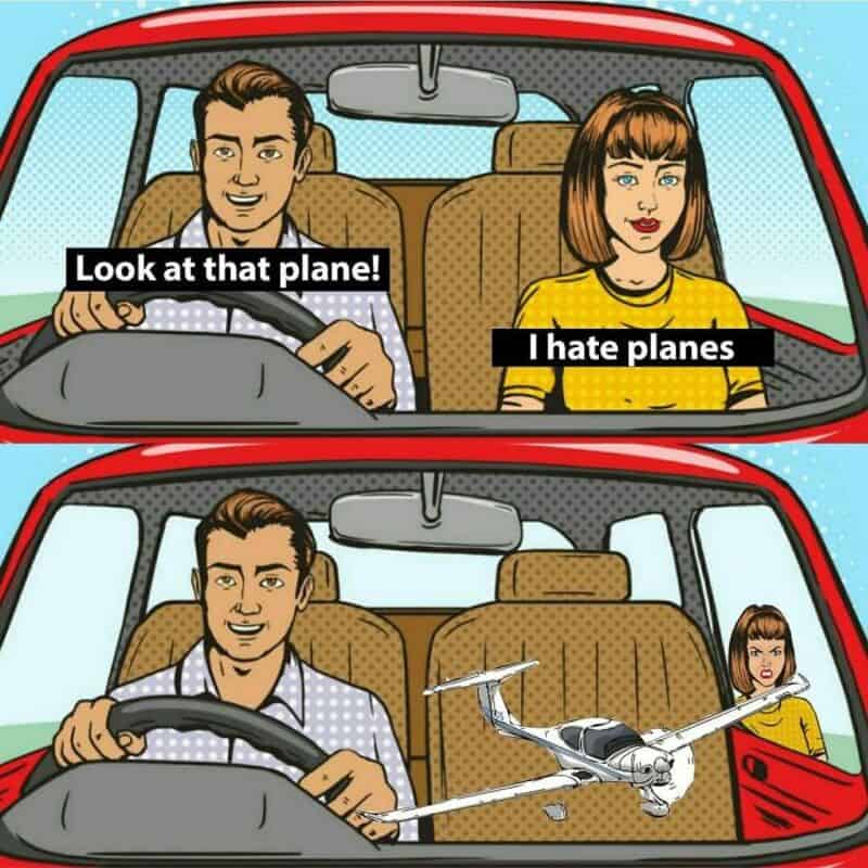 Funny aviation meme showing a couple in a car reacting to a toy airplane.