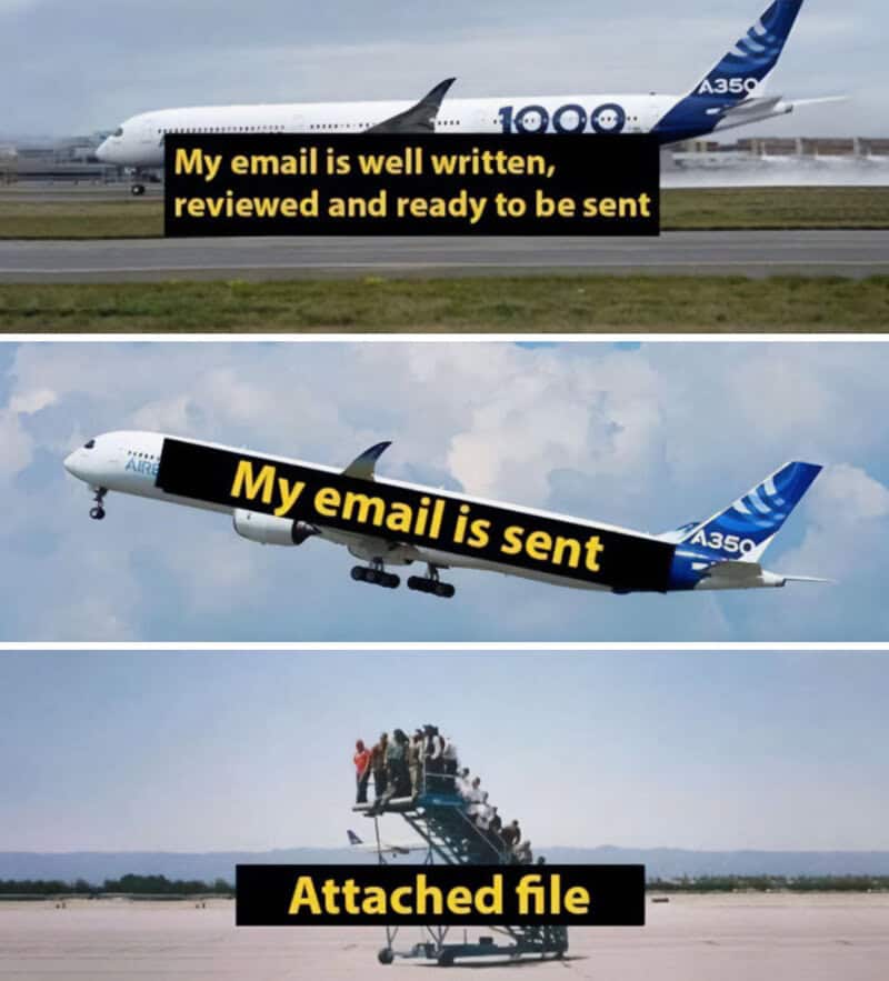 Airplane taking off with humorous aviation meme overlay about email status.