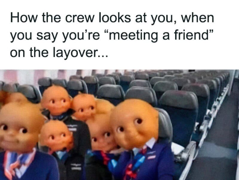 Aviation humor meme featuring dolls as flight crew members on an airplane.