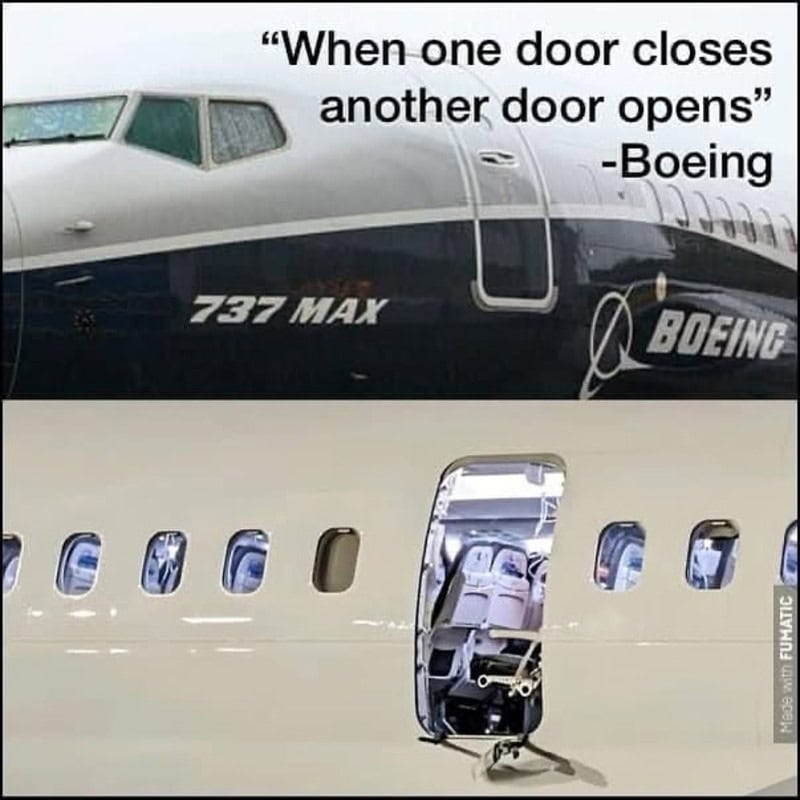 Funny aviation meme highlighting the paradox of door closing and opening in airplanes.