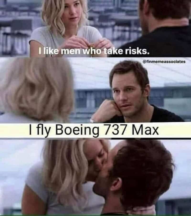 Aviation humor meme showing a couple with a Boeing 737 Max background.